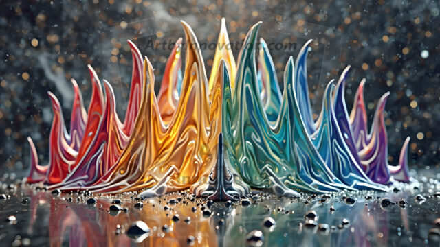 Logo Colored Water Dynamic: Amazing Digital Graphics Art Collection.
A Rainbow of Colored Water in Motion, using a colorful palette. Bursting out of the water, dynamitic flowing streams of color, with a metallic metal plate for a company logo.