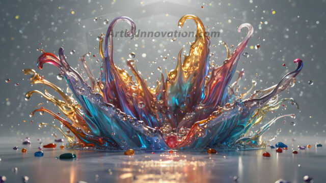 Logo Colored Water Dynamic: Amazing Digital Graphics Art Collection.
A Rainbow of Colored Water in Motion, using a colorful palette. Bursting out of the water, dynamitic flowing streams of color, with a metallic metal plate for a company logo.