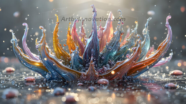 Logo Colored Water Dynamic: Amazing Digital Graphics Art Collection.
A Rainbow of Colored Water in Motion, using a colorful palette. Bursting out of the water, dynamitic flowing streams of color, with a metallic metal plate for a company logo.