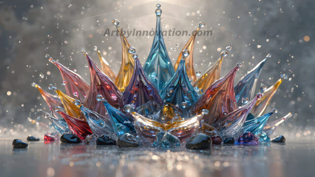 Logo Colored Water Dynamic: Amazing Digital Graphics Art Collection.
A Rainbow of Colored Water in Motion, using a colorful palette. Bursting out of the water, dynamitic flowing streams of color, with a metallic metal plate for a company logo.