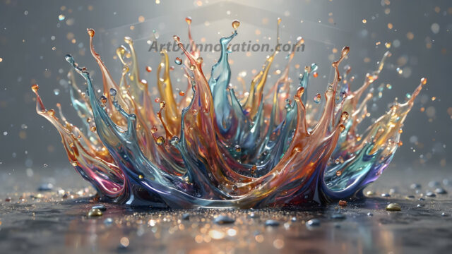 Logo Colored Water Dynamic: Amazing Digital Graphics Art Collection.
A Rainbow of Colored Water in Motion, using a colorful palette. Bursting out of the water, dynamitic flowing streams of color, with a metallic metal plate for a company logo.