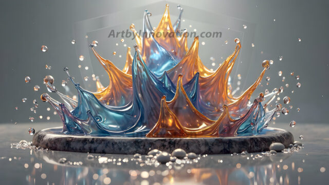 Logo Colored Water Dynamic: Amazing Digital Graphics Art Collection.
A Rainbow of Colored Water in Motion, using a colorful palette. Bursting out of the water, dynamitic flowing streams of color, with a metallic metal plate for a company logo.