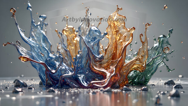 Logo Colored Water Dynamic: Amazing Digital Graphics Art Collection.
A Rainbow of Colored Water in Motion, using a colorful palette. Bursting out of the water, dynamitic flowing streams of color, with a metallic metal plate for a company logo.