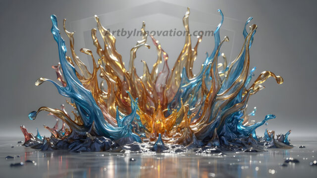 Logo Colored Water Dynamic: Amazing Digital Graphics Art Collection.
A Rainbow of Colored Water in Motion, using a colorful palette. Bursting out of the water, dynamitic flowing streams of color, with a metallic metal plate for a company logo.