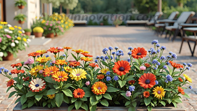 Planter trough crafted from aged wood. A high-resolution studio photograph AI produced that are mostly, horizontal, eye-level shots of an old rectangular wooden box, a dark wood, like it had been stained, with flowers, wide planter trough crafted from rustic pine wood, positioned frontally on a neutral background. The trough is densely packed with a vibrant, lush arrangement of fresh flowers, deep red roses, bright yellow marigolds, soft violet petunias, and trailing green ivy. Soft, bright studio lighting highlights the texture of the wood and the vivid colors of the flowers. Shallow depth of field, sharp focus on the central flowers, 8k, cinematic, horizontal composition. Many of the box are a dark wood, like it had been stained.