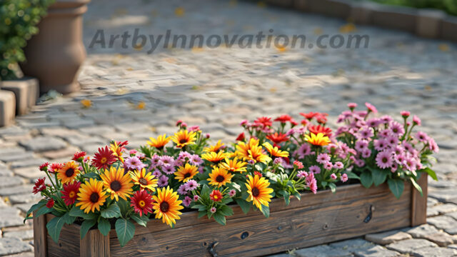 Planter trough crafted from aged wood. A high-resolution studio photograph AI produced that are mostly, horizontal, eye-level shots of an old rectangular wooden box, a dark wood, like it had been stained, with flowers, wide planter trough crafted from rustic pine wood, positioned frontally on a neutral background. The trough is densely packed with a vibrant, lush arrangement of fresh flowers, deep red roses, bright yellow marigolds, soft violet petunias, and trailing green ivy. Soft, bright studio lighting highlights the texture of the wood and the vivid colors of the flowers. Shallow depth of field, sharp focus on the central flowers, 8k, cinematic, horizontal composition. Many of the box are a dark wood, like it had been stained.