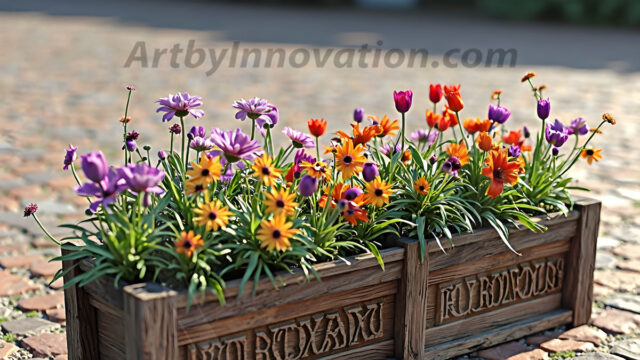 Planter trough crafted from aged wood. A high-resolution studio photograph AI produced that are mostly, horizontal, eye-level shots of an old rectangular wooden box, a dark wood, like it had been stained, with flowers, wide planter trough crafted from rustic pine wood, positioned frontally on a neutral background. The trough is densely packed with a vibrant, lush arrangement of fresh flowers, deep red roses, bright yellow marigolds, soft violet petunias, and trailing green ivy. Soft, bright studio lighting highlights the texture of the wood and the vivid colors of the flowers. Shallow depth of field, sharp focus on the central flowers, 8k, cinematic, horizontal composition. Many of the box are a dark wood, like it had been stained.
