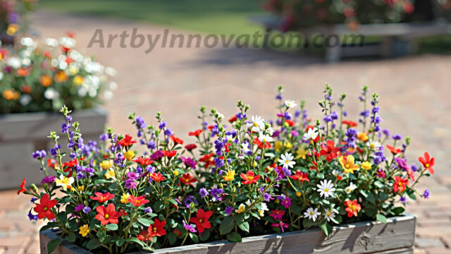 Planter trough crafted from aged wood. A high-resolution studio photograph AI produced that are mostly, horizontal, eye-level shots of an old rectangular wooden box, a dark wood, like it had been stained, with flowers, wide planter trough crafted from rustic pine wood, positioned frontally on a neutral background. The trough is densely packed with a vibrant, lush arrangement of fresh flowers, deep red roses, bright yellow marigolds, soft violet petunias, and trailing green ivy. Soft, bright studio lighting highlights the texture of the wood and the vivid colors of the flowers. Shallow depth of field, sharp focus on the central flowers, 8k, cinematic, horizontal composition. Many of the box are a dark wood, like it had been stained.