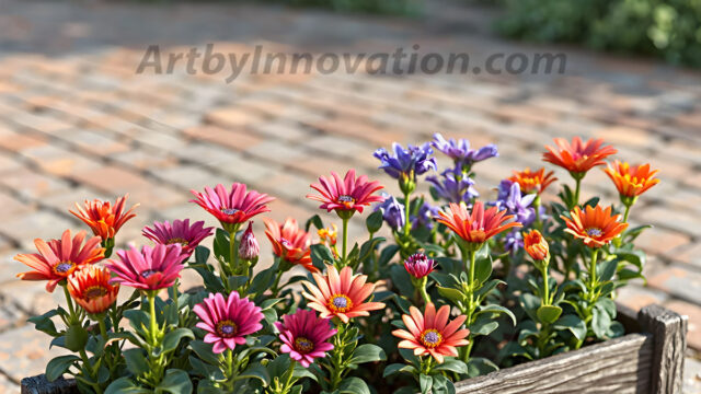 Planter trough crafted from aged wood. A high-resolution studio photograph AI produced that are mostly, horizontal, eye-level shots of an old rectangular wooden box, a dark wood, like it had been stained, with flowers, wide planter trough crafted from rustic pine wood, positioned frontally on a neutral background. The trough is densely packed with a vibrant, lush arrangement of fresh flowers, deep red roses, bright yellow marigolds, soft violet petunias, and trailing green ivy. Soft, bright studio lighting highlights the texture of the wood and the vivid colors of the flowers. Shallow depth of field, sharp focus on the central flowers, 8k, cinematic, horizontal composition. Many of the box are a dark wood, like it had been stained.