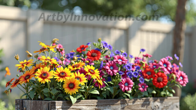 Planter trough crafted from aged wood. A high-resolution studio photograph AI produced that are mostly, horizontal, eye-level shots of an old rectangular wooden box, a dark wood, like it had been stained, with flowers, wide planter trough crafted from rustic pine wood, positioned frontally on a neutral background. The trough is densely packed with a vibrant, lush arrangement of fresh flowers, deep red roses, bright yellow marigolds, soft violet petunias, and trailing green ivy. Soft, bright studio lighting highlights the texture of the wood and the vivid colors of the flowers. Shallow depth of field, sharp focus on the central flowers, 8k, cinematic, horizontal composition. Many of the box are a dark wood, like it had been stained.