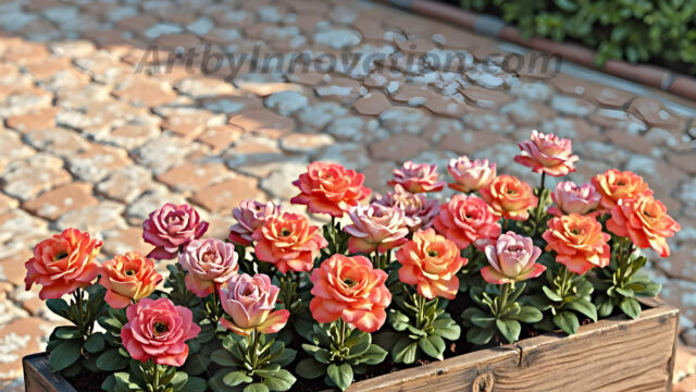 Planter trough crafted from aged wood. A high-resolution studio photograph AI produced that are mostly, horizontal, eye-level shots of an old rectangular wooden box, a dark wood, like it had been stained, with flowers, wide planter trough crafted from rustic pine wood, positioned frontally on a neutral background. The trough is densely packed with a vibrant, lush arrangement of fresh flowers, deep red roses, bright yellow marigolds, soft violet petunias, and trailing green ivy. Soft, bright studio lighting highlights the texture of the wood and the vivid colors of the flowers. Shallow depth of field, sharp focus on the central flowers, 8k, cinematic, horizontal composition. Many of the box are a dark wood, like it had been stained.