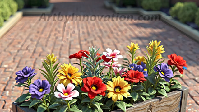 Planter trough crafted from aged wood. A high-resolution studio photograph AI produced that are mostly, horizontal, eye-level shots of an old rectangular wooden box, a dark wood, like it had been stained, with flowers, wide planter trough crafted from rustic pine wood, positioned frontally on a neutral background. The trough is densely packed with a vibrant, lush arrangement of fresh flowers, deep red roses, bright yellow marigolds, soft violet petunias, and trailing green ivy. Soft, bright studio lighting highlights the texture of the wood and the vivid colors of the flowers. Shallow depth of field, sharp focus on the central flowers, 8k, cinematic, horizontal composition. Many of the box are a dark wood, like it had been stained.