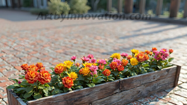 Planter trough crafted from aged wood. A high-resolution studio photograph AI produced that are mostly, horizontal, eye-level shots of an old rectangular wooden box, a dark wood, like it had been stained, with flowers, wide planter trough crafted from rustic pine wood, positioned frontally on a neutral background. The trough is densely packed with a vibrant, lush arrangement of fresh flowers, deep red roses, bright yellow marigolds, soft violet petunias, and trailing green ivy. Soft, bright studio lighting highlights the texture of the wood and the vivid colors of the flowers. Shallow depth of field, sharp focus on the central flowers, 8k, cinematic, horizontal composition. Many of the box are a dark wood, like it had been stained.