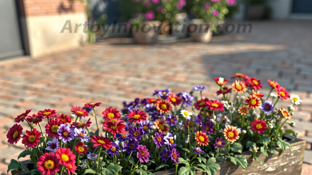 Planter trough crafted from aged wood. A high-resolution studio photograph AI produced that are mostly, horizontal, eye-level shots of an old rectangular wooden box, a dark wood, like it had been stained, with flowers, wide planter trough crafted from rustic pine wood, positioned frontally on a neutral background. The trough is densely packed with a vibrant, lush arrangement of fresh flowers, deep red roses, bright yellow marigolds, soft violet petunias, and trailing green ivy. Soft, bright studio lighting highlights the texture of the wood and the vivid colors of the flowers. Shallow depth of field, sharp focus on the central flowers, 8k, cinematic, horizontal composition. Many of the box are a dark wood, like it had been stained.