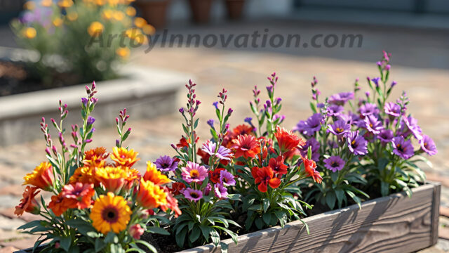 Planter trough crafted from aged wood. A high-resolution studio photograph AI produced that are mostly, horizontal, eye-level shots of an old rectangular wooden box, a dark wood, like it had been stained, with flowers, wide planter trough crafted from rustic pine wood, positioned frontally on a neutral background. The trough is densely packed with a vibrant, lush arrangement of fresh flowers, deep red roses, bright yellow marigolds, soft violet petunias, and trailing green ivy. Soft, bright studio lighting highlights the texture of the wood and the vivid colors of the flowers. Shallow depth of field, sharp focus on the central flowers, 8k, cinematic, horizontal composition. Many of the box are a dark wood, like it had been stained.