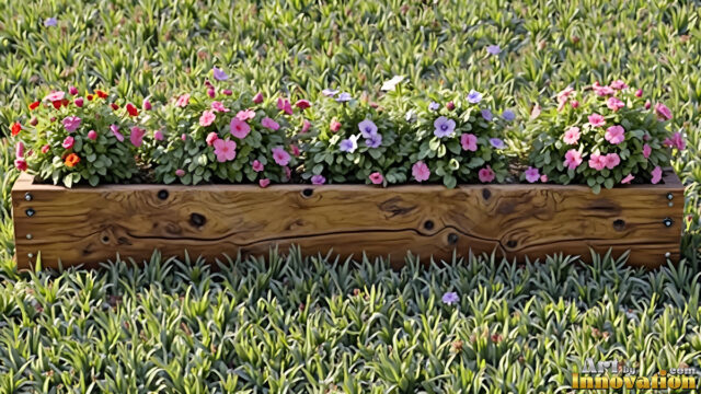 Planter trough crafted from aged wood. A high-resolution studio photograph AI produced that are mostly, horizontal, eye-level shots of an old rectangular wooden box, a dark wood, like it had been stained, with flowers, wide planter trough crafted from rustic pine wood, positioned frontally on a neutral background. The trough is densely packed with a vibrant, lush arrangement of fresh flowers, deep red roses, bright yellow marigolds, soft violet petunias, and trailing green ivy. Soft, bright studio lighting highlights the texture of the wood and the vivid colors of the flowers. Shallow depth of field, sharp focus on the central flowers, 8k, cinematic, horizontal composition. Many of the box are a dark wood, like it had been stained.