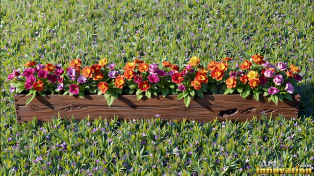 Planter trough crafted from aged wood. A high-resolution studio photograph AI produced that are mostly, horizontal, eye-level shots of an old rectangular wooden box, a dark wood, like it had been stained, with flowers, wide planter trough crafted from rustic pine wood, positioned frontally on a neutral background. The trough is densely packed with a vibrant, lush arrangement of fresh flowers, deep red roses, bright yellow marigolds, soft violet petunias, and trailing green ivy. Soft, bright studio lighting highlights the texture of the wood and the vivid colors of the flowers. Shallow depth of field, sharp focus on the central flowers, 8k, cinematic, horizontal composition. Many of the box are a dark wood, like it had been stained.