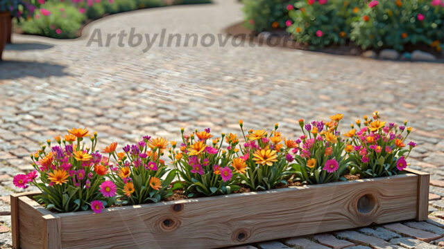 Planter trough crafted from aged wood. A high-resolution studio photograph AI produced that are mostly, horizontal, eye-level shots of an old rectangular wooden box, a dark wood, like it had been stained, with flowers, wide planter trough crafted from rustic pine wood, positioned frontally on a neutral background. The trough is densely packed with a vibrant, lush arrangement of fresh flowers, deep red roses, bright yellow marigolds, soft violet petunias, and trailing green ivy. Soft, bright studio lighting highlights the texture of the wood and the vivid colors of the flowers. Shallow depth of field, sharp focus on the central flowers, 8k, cinematic, horizontal composition. Many of the box are a dark wood, like it had been stained.