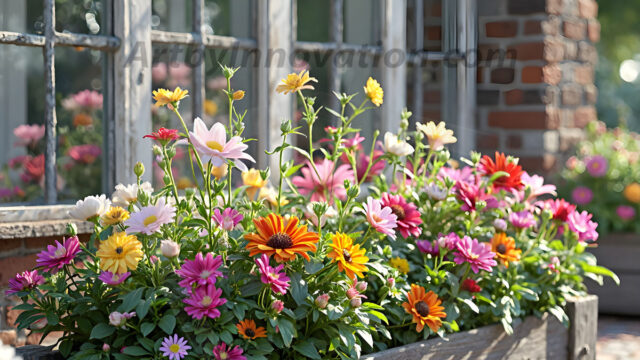 Planter trough crafted from aged wood. A high-resolution studio photograph AI produced that are mostly, horizontal, eye-level shots of an old rectangular wooden box, a dark wood, like it had been stained, with flowers, wide planter trough crafted from rustic pine wood, positioned frontally on a neutral background. The trough is densely packed with a vibrant, lush arrangement of fresh flowers, deep red roses, bright yellow marigolds, soft violet petunias, and trailing green ivy. Soft, bright studio lighting highlights the texture of the wood and the vivid colors of the flowers. Shallow depth of field, sharp focus on the central flowers, 8k, cinematic, horizontal composition. Many of the box are a dark wood, like it had been stained.