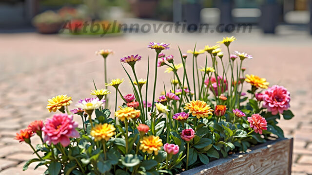 Planter trough crafted from aged wood. A high-resolution studio photograph AI produced that are mostly, horizontal, eye-level shots of an old rectangular wooden box, a dark wood, like it had been stained, with flowers, wide planter trough crafted from rustic pine wood, positioned frontally on a neutral background. The trough is densely packed with a vibrant, lush arrangement of fresh flowers, deep red roses, bright yellow marigolds, soft violet petunias, and trailing green ivy. Soft, bright studio lighting highlights the texture of the wood and the vivid colors of the flowers. Shallow depth of field, sharp focus on the central flowers, 8k, cinematic, horizontal composition. Many of the box are a dark wood, like it had been stained.
