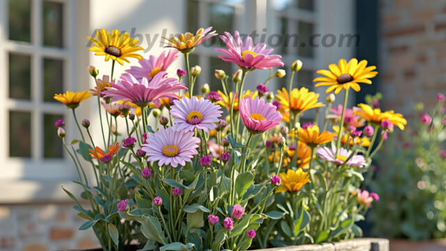 Planter trough crafted from aged wood. A high-resolution studio photograph AI produced that are mostly, horizontal, eye-level shots of an old rectangular wooden box, a dark wood, like it had been stained, with flowers, wide planter trough crafted from rustic pine wood, positioned frontally on a neutral background. The trough is densely packed with a vibrant, lush arrangement of fresh flowers, deep red roses, bright yellow marigolds, soft violet petunias, and trailing green ivy. Soft, bright studio lighting highlights the texture of the wood and the vivid colors of the flowers. Shallow depth of field, sharp focus on the central flowers, 8k, cinematic, horizontal composition. Many of the box are a dark wood, like it had been stained.