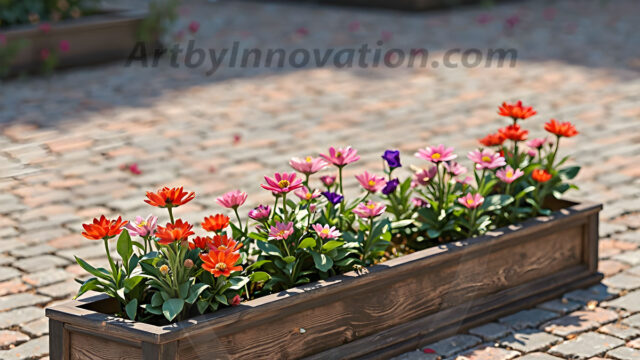 Planter trough crafted from aged wood. A high-resolution studio photograph AI produced that are mostly, horizontal, eye-level shots of an old rectangular wooden box, a dark wood, like it had been stained, with flowers, wide planter trough crafted from rustic pine wood, positioned frontally on a neutral background. The trough is densely packed with a vibrant, lush arrangement of fresh flowers, deep red roses, bright yellow marigolds, soft violet petunias, and trailing green ivy. Soft, bright studio lighting highlights the texture of the wood and the vivid colors of the flowers. Shallow depth of field, sharp focus on the central flowers, 8k, cinematic, horizontal composition. Many of the box are a dark wood, like it had been stained.