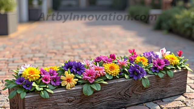 Planter trough crafted from aged wood. A high-resolution studio photograph AI produced that are mostly, horizontal, eye-level shots of an old rectangular wooden box, a dark wood, like it had been stained, with flowers, wide planter trough crafted from rustic pine wood, positioned frontally on a neutral background. The trough is densely packed with a vibrant, lush arrangement of fresh flowers, deep red roses, bright yellow marigolds, soft violet petunias, and trailing green ivy. Soft, bright studio lighting highlights the texture of the wood and the vivid colors of the flowers. Shallow depth of field, sharp focus on the central flowers, 8k, cinematic, horizontal composition. Many of the box are a dark wood, like it had been stained.