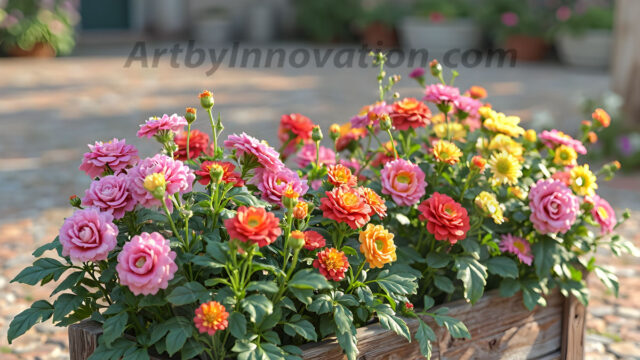 Planter trough crafted from aged wood. A high-resolution studio photograph AI produced that are mostly, horizontal, eye-level shots of an old rectangular wooden box, a dark wood, like it had been stained, with flowers, wide planter trough crafted from rustic pine wood, positioned frontally on a neutral background. The trough is densely packed with a vibrant, lush arrangement of fresh flowers, deep red roses, bright yellow marigolds, soft violet petunias, and trailing green ivy. Soft, bright studio lighting highlights the texture of the wood and the vivid colors of the flowers. Shallow depth of field, sharp focus on the central flowers, 8k, cinematic, horizontal composition. Many of the box are a dark wood, like it had been stained.