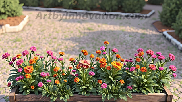 Planter trough crafted from aged wood. A high-resolution studio photograph AI produced that are mostly, horizontal, eye-level shots of an old rectangular wooden box, a dark wood, like it had been stained, with flowers, wide planter trough crafted from rustic pine wood, positioned frontally on a neutral background. The trough is densely packed with a vibrant, lush arrangement of fresh flowers, deep red roses, bright yellow marigolds, soft violet petunias, and trailing green ivy. Soft, bright studio lighting highlights the texture of the wood and the vivid colors of the flowers. Shallow depth of field, sharp focus on the central flowers, 8k, cinematic, horizontal composition. Many of the box are a dark wood, like it had been stained.