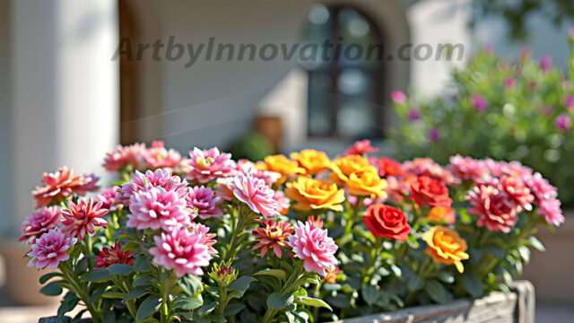 Planter trough crafted from aged wood. A high-resolution studio photograph AI produced that are mostly, horizontal, eye-level shots of an old rectangular wooden box, a dark wood, like it had been stained, with flowers, wide planter trough crafted from rustic pine wood, positioned frontally on a neutral background. The trough is densely packed with a vibrant, lush arrangement of fresh flowers, deep red roses, bright yellow marigolds, soft violet petunias, and trailing green ivy. Soft, bright studio lighting highlights the texture of the wood and the vivid colors of the flowers. Shallow depth of field, sharp focus on the central flowers, 8k, cinematic, horizontal composition. Many of the box are a dark wood, like it had been stained.