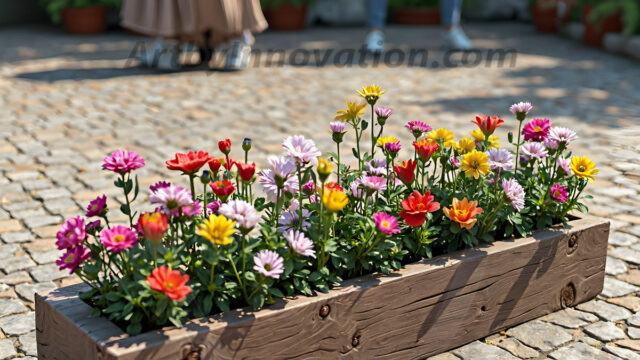 Planter trough crafted from aged wood. A high-resolution studio photograph AI produced that are mostly, horizontal, eye-level shots of an old rectangular wooden box, a dark wood, like it had been stained, with flowers, wide planter trough crafted from rustic pine wood, positioned frontally on a neutral background. The trough is densely packed with a vibrant, lush arrangement of fresh flowers, deep red roses, bright yellow marigolds, soft violet petunias, and trailing green ivy. Soft, bright studio lighting highlights the texture of the wood and the vivid colors of the flowers. Shallow depth of field, sharp focus on the central flowers, 8k, cinematic, horizontal composition. Many of the box are a dark wood, like it had been stained.