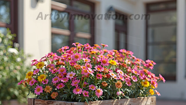 Planter trough crafted from aged wood. A high-resolution studio photograph AI produced that are mostly, horizontal, eye-level shots of an old rectangular wooden box, a dark wood, like it had been stained, with flowers, wide planter trough crafted from rustic pine wood, positioned frontally on a neutral background. The trough is densely packed with a vibrant, lush arrangement of fresh flowers, deep red roses, bright yellow marigolds, soft violet petunias, and trailing green ivy. Soft, bright studio lighting highlights the texture of the wood and the vivid colors of the flowers. Shallow depth of field, sharp focus on the central flowers, 8k, cinematic, horizontal composition. Many of the box are a dark wood, like it had been stained.