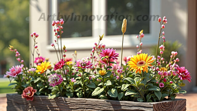 Planter trough crafted from aged wood. A high-resolution studio photograph AI produced that are mostly, horizontal, eye-level shots of an old rectangular wooden box, a dark wood, like it had been stained, with flowers, wide planter trough crafted from rustic pine wood, positioned frontally on a neutral background. The trough is densely packed with a vibrant, lush arrangement of fresh flowers, deep red roses, bright yellow marigolds, soft violet petunias, and trailing green ivy. Soft, bright studio lighting highlights the texture of the wood and the vivid colors of the flowers. Shallow depth of field, sharp focus on the central flowers, 8k, cinematic, horizontal composition. Many of the box are a dark wood, like it had been stained.