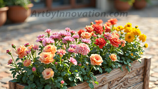 Planter trough crafted from aged wood. A high-resolution studio photograph AI produced that are mostly, horizontal, eye-level shots of an old rectangular wooden box, a dark wood, like it had been stained, with flowers, wide planter trough crafted from rustic pine wood, positioned frontally on a neutral background. The trough is densely packed with a vibrant, lush arrangement of fresh flowers, deep red roses, bright yellow marigolds, soft violet petunias, and trailing green ivy. Soft, bright studio lighting highlights the texture of the wood and the vivid colors of the flowers. Shallow depth of field, sharp focus on the central flowers, 8k, cinematic, horizontal composition. Many of the box are a dark wood, like it had been stained.