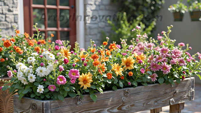 Planter trough crafted from aged wood. A high-resolution studio photograph AI produced that are mostly, horizontal, eye-level shots of an old rectangular wooden box, a dark wood, like it had been stained, with flowers, wide planter trough crafted from rustic pine wood, positioned frontally on a neutral background. The trough is densely packed with a vibrant, lush arrangement of fresh flowers, deep red roses, bright yellow marigolds, soft violet petunias, and trailing green ivy. Soft, bright studio lighting highlights the texture of the wood and the vivid colors of the flowers. Shallow depth of field, sharp focus on the central flowers, 8k, cinematic, horizontal composition. Many of the box are a dark wood, like it had been stained.