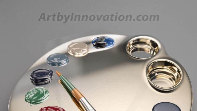 AI-generated painter palette and artist board digital designs — polished metallic palettes, winged fantasy palettes, and premium artist mixing board art in UHD by Art by Innovation.