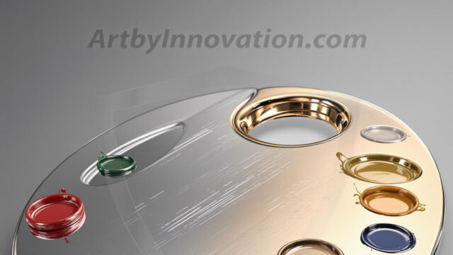 AI-generated painter palette and artist board digital designs — polished metallic palettes, winged fantasy palettes, and premium artist mixing board art in UHD by Art by Innovation.