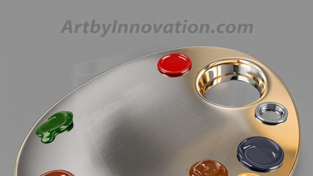 AI-generated painter palette and artist board digital designs — polished metallic palettes, winged fantasy palettes, and premium artist mixing board art in UHD by Art by Innovation.