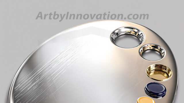 AI-generated painter palette and artist board digital designs — polished metallic palettes, winged fantasy palettes, and premium artist mixing board art in UHD by Art by Innovation.