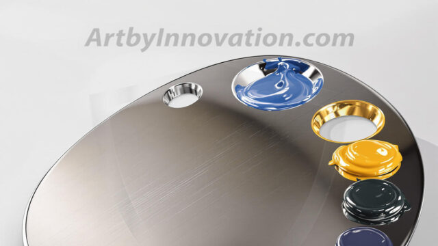 AI-generated painter palette and artist board digital designs — polished metallic palettes, winged fantasy palettes, and premium artist mixing board art in UHD by Art by Innovation.