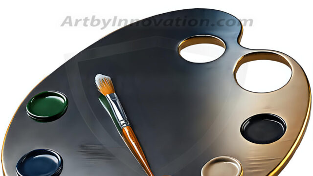 AI-generated painter palette and artist board digital designs — polished metallic palettes, winged fantasy palettes, and premium artist mixing board art in UHD by Art by Innovation.