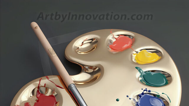 AI-generated painter palette and artist board digital designs — polished metallic palettes, winged fantasy palettes, and premium artist mixing board art in UHD by Art by Innovation.
