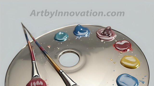 AI-generated painter palette and artist board digital designs — polished metallic palettes, winged fantasy palettes, and premium artist mixing board art in UHD by Art by Innovation.