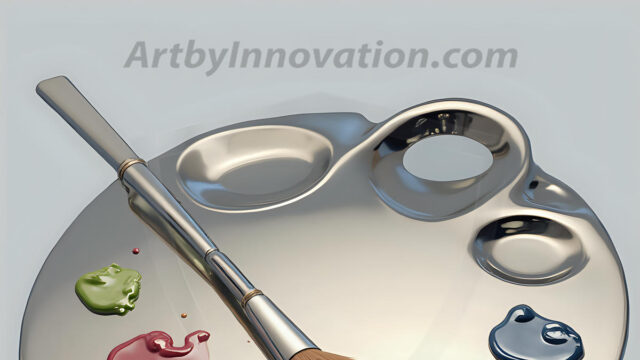 AI-generated painter palette and artist board digital designs — polished metallic palettes, winged fantasy palettes, and premium artist mixing board art in UHD by Art by Innovation.