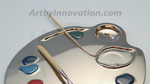 AI-generated painter palette and artist board digital designs — polished metallic palettes, winged fantasy palettes, and premium artist mixing board art in UHD by Art by Innovation.