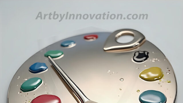 AI-generated painter palette and artist board digital designs — polished metallic palettes, winged fantasy palettes, and premium artist mixing board art in UHD by Art by Innovation.