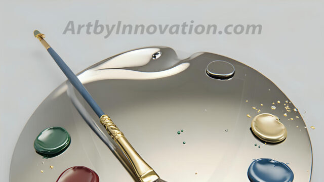 AI-generated painter palette and artist board digital designs — polished metallic palettes, winged fantasy palettes, and premium artist mixing board art in UHD by Art by Innovation.