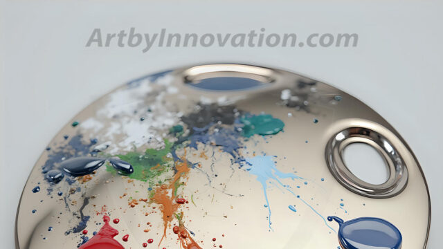 AI-generated painter palette and artist board digital designs — polished metallic palettes, winged fantasy palettes, and premium artist mixing board art in UHD by Art by Innovation.