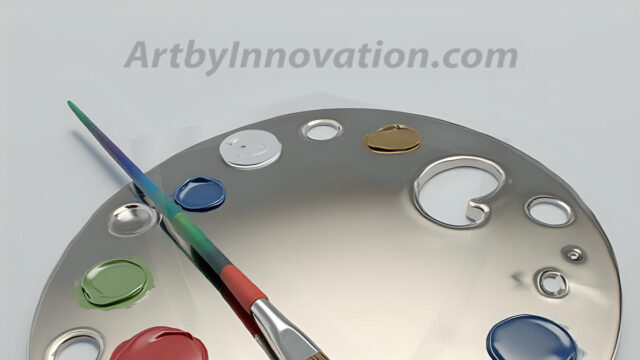 AI-generated painter palette and artist board digital designs — polished metallic palettes, winged fantasy palettes, and premium artist mixing board art in UHD by Art by Innovation.
