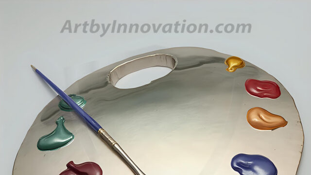 AI-generated painter palette and artist board digital designs — polished metallic palettes, winged fantasy palettes, and premium artist mixing board art in UHD by Art by Innovation.